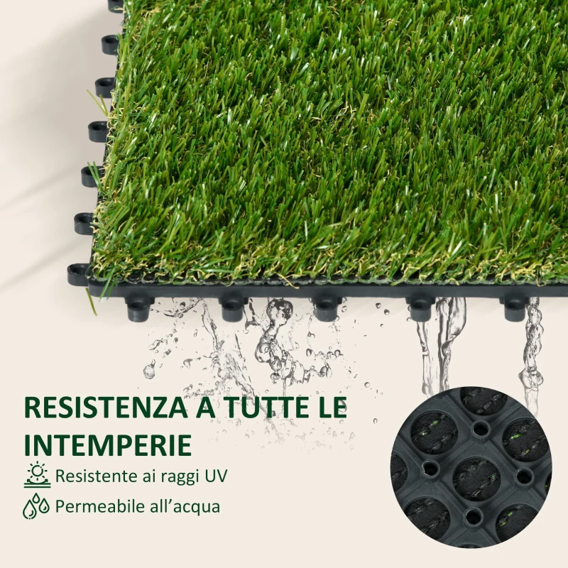 Outsunny Set 10 Piastrelle di Prato Sintetico Realistico 30x30 cm, in PP e PE, Verde Scuro