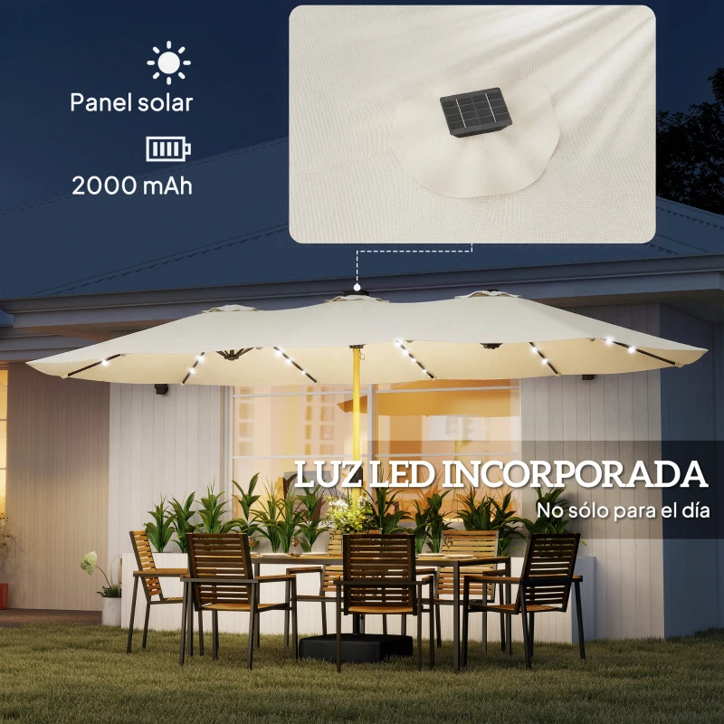 Outsunny Sombrilla Doble de Jardín 4,6x2,6 m con 48 Luces LED Base Incluida Manivela Sacos de Arena Anti-UV Crema