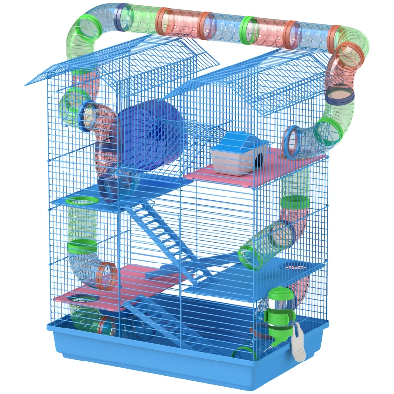 PawHut Cage pour Hamster Souris Petit Animaux Rongeur avec Tunnel Mangeoire Roue Jouet 47 x 30 x 59 cm Bleu