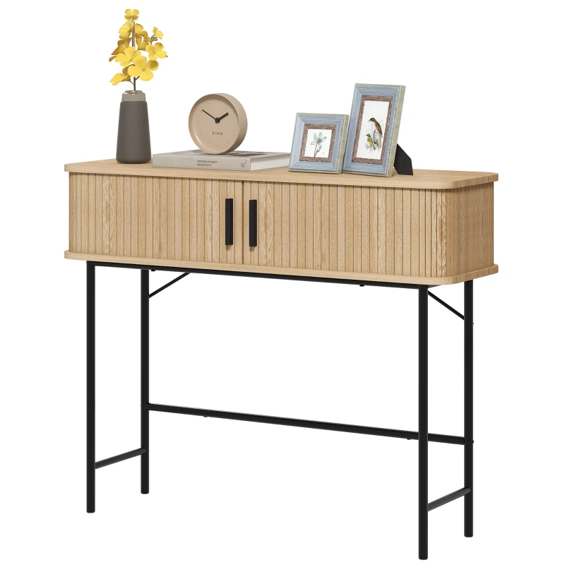 HOMCOM Console Table 2-Compartment Storage Hallway Table Steel Frame for Entryway Living Room 100 cm Oak Tone Black