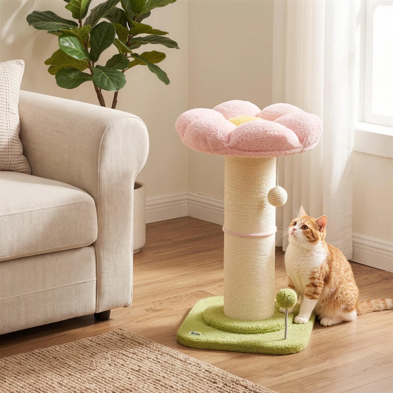 PawHut Cat Tree, Flower Cat Scratching Post with Thick Sisal Post, Dangling & Spring Balls, Bed, Kitty Activity Centre