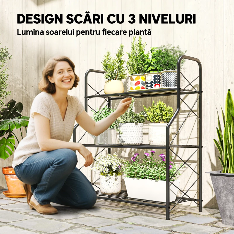 Outsunny Suport pentru plante cu 3 niveluri pentru interior și exterior din metal, 69x28.5x78 cm, negru