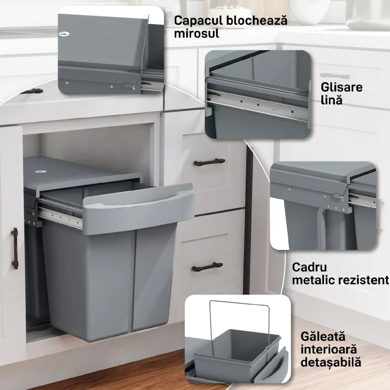HOMCOM Coș de gunoi glisant sub chiuvetă pentru reciclare cu 2 găleți de 20L, 52x33.5x41 cm, Gri
