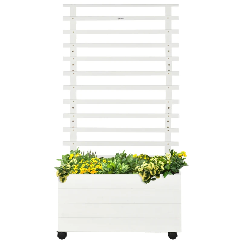 Outsunny Fioriera Verticale con 4 Ruote e Traliccio per Piante Rampicanti in Legno, 76x30x155cm, Bianco
