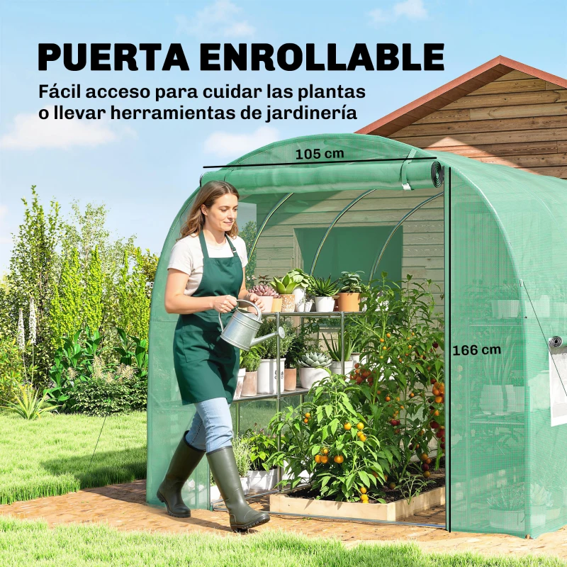 Outsunny Invernadero de Exterior 2,8x2x1,9 m con Estantes Invernadero de Túnel con Puerta Enrollable 6 Ventanas de Malla Verde