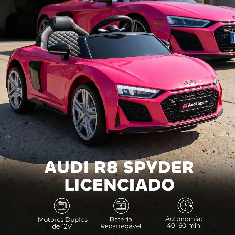 AIYAPLAY Carro Elétrico para Crianças Audi R8 Spyder 12 V com Comando 2,4 GHz, 2 Motores, Arranque Suave e Suspensão Traseira, Rosa