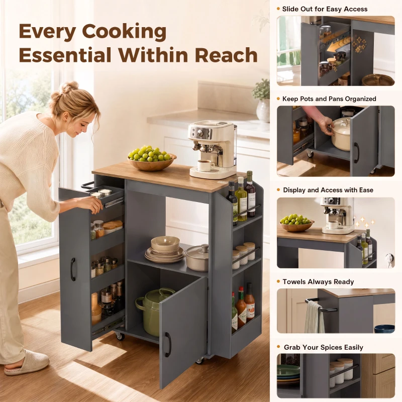 HOMCOM Kitchen Trolley on Wheels, Rolling Kitchen Island Cart with Power Outlet, Cabinet, Pull-Out Drawer, Grey