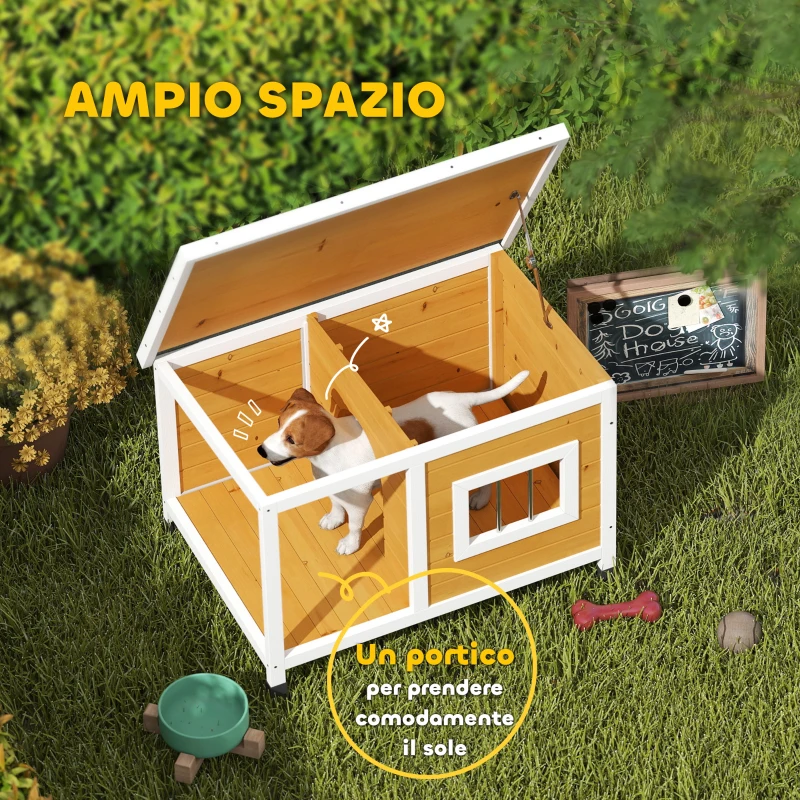 PawHut Cuccia per Cani da Esterno in Legno di Abete con Veranda Coperta e Tetto Inclinabile, 85.5x62x60 cm, Multicolore