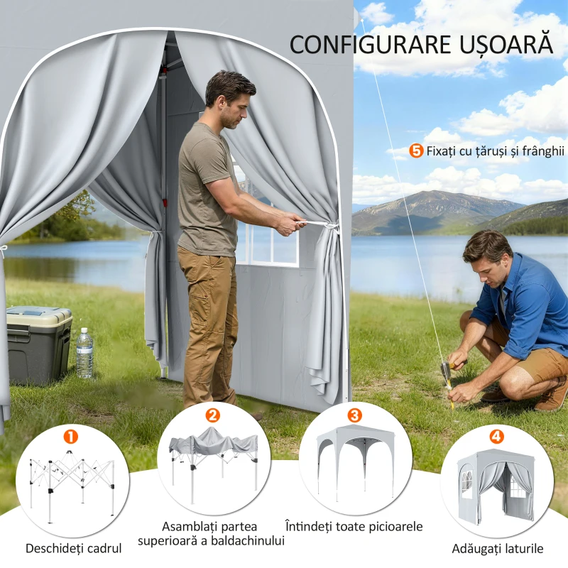Outsunny Pavilion pliabil 2x2 m, reglabil, cu 4 pereți laterali, din metal și țesătură Oxford gri deschis