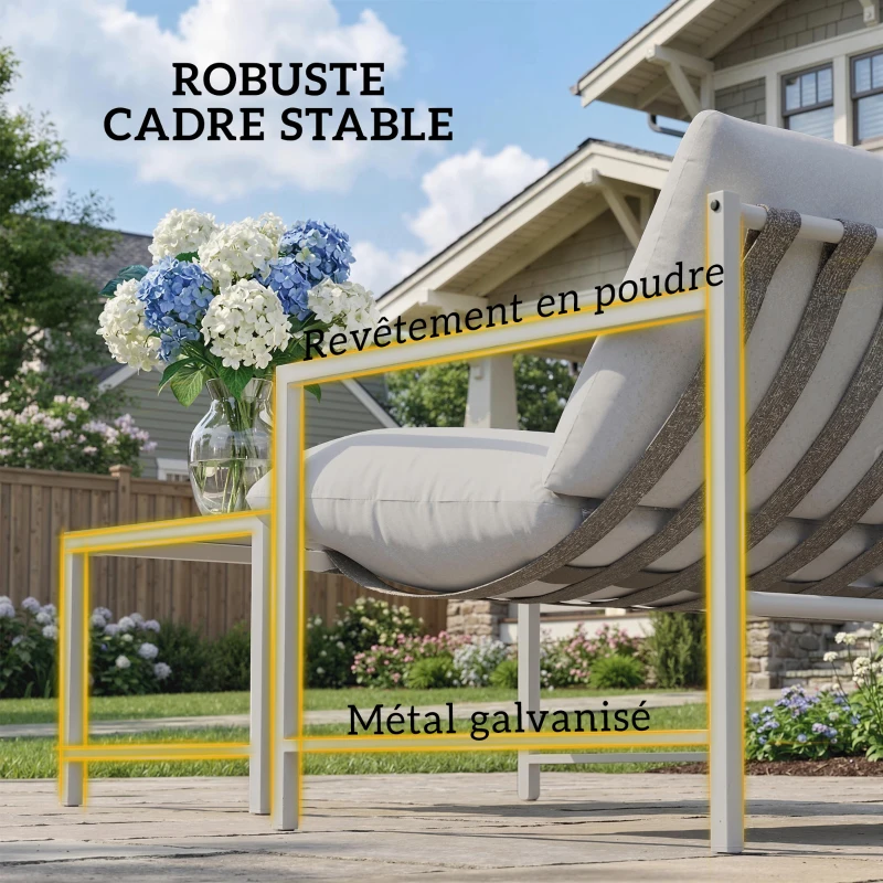 Outsunny Salon de Jardin Extérieur 2 Pièces, Canapé avec Coussins, Table Basse en Verre Trempé Marbré 3D, 125x80x64cm, Gris Clair