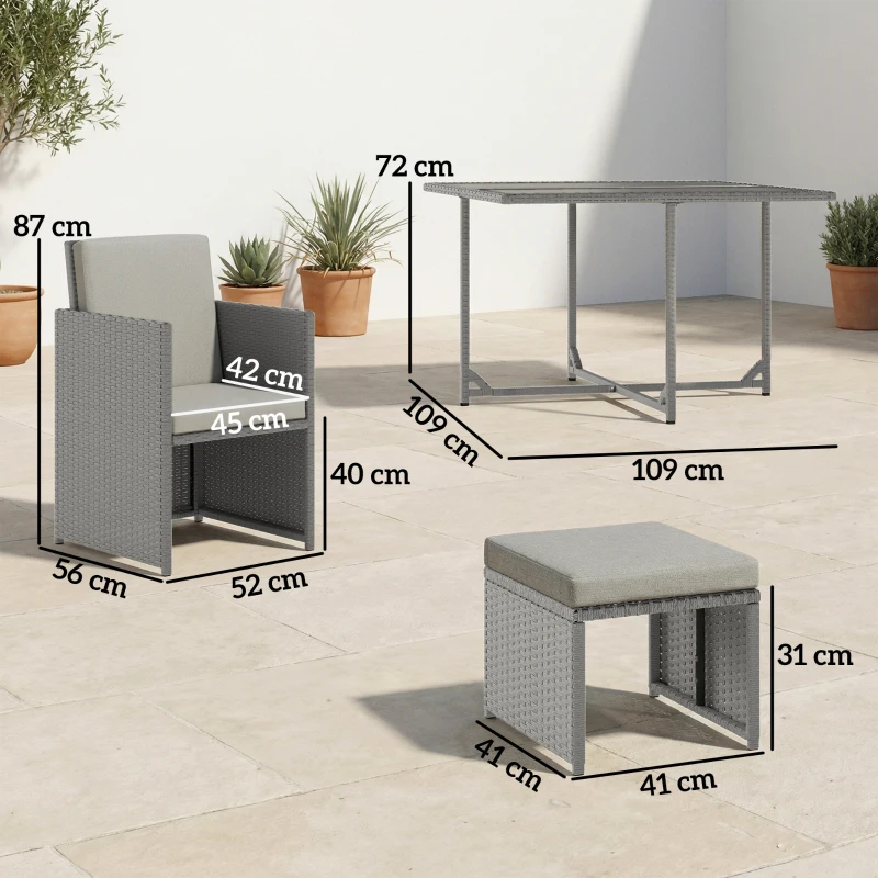 Outsunny 9 Piece Rattan Cube Garden Furniture Dining Set with Armchairs, Footstools and Glass-Top Table, Light Grey