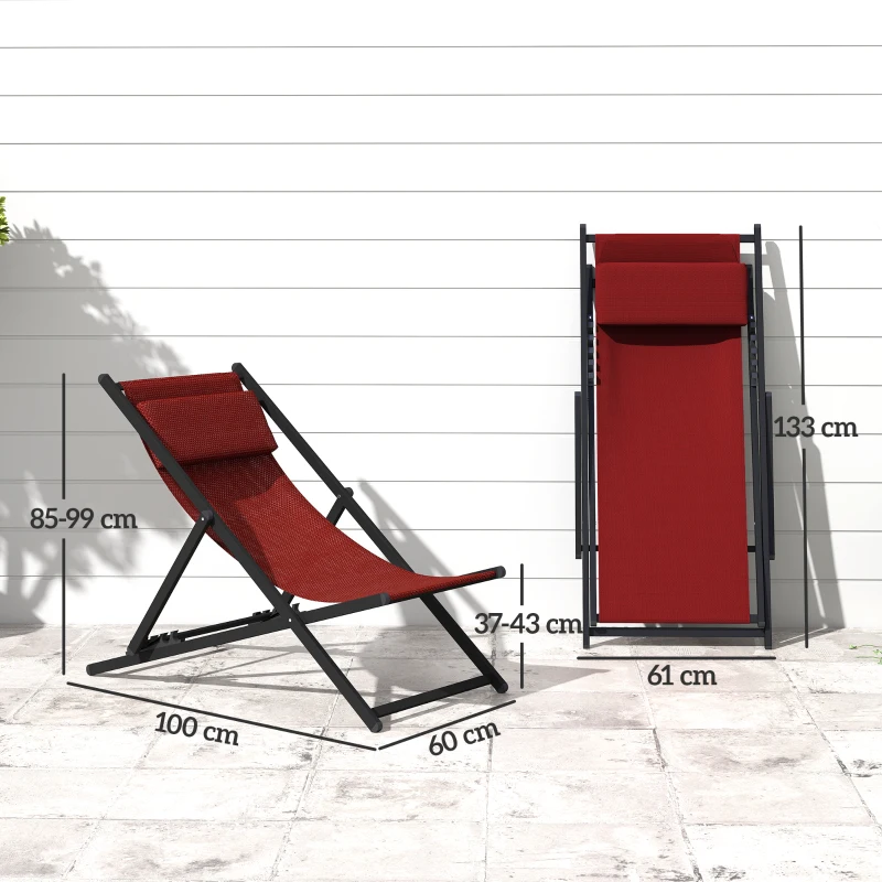 Outsunny Conjunto de 2 Tumbonas Plegables con Respaldo Regulable y Reposacabezas Acolchado 60x100x85 cm Rojo Vino