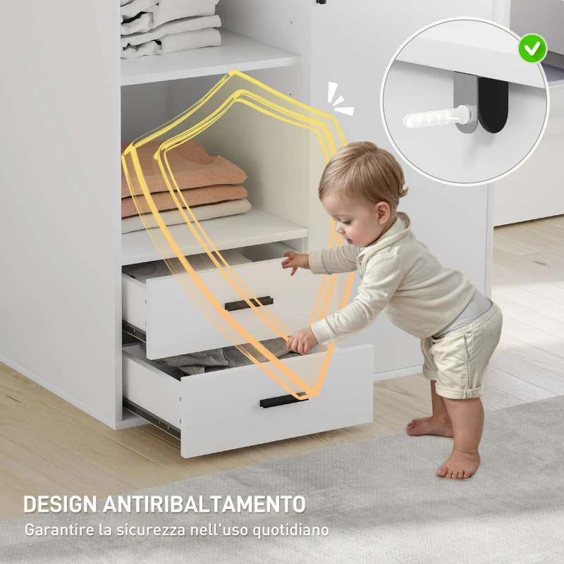 HOMCOM Armadio Moderno con 2 Cassetti, Ripiani Aperti e Vano Appendiabiti, 80x50x124 cm, Bianco