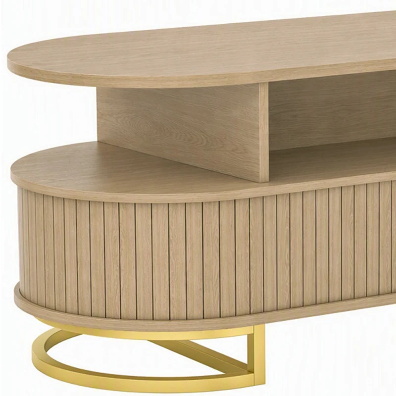 HOMCOM Mesa de Centro Oval, Mesa de Sala Moderna com Portas Tambor Deslizantes, Armazenamento Fechado, Prateleiras Abertas, Carvalho