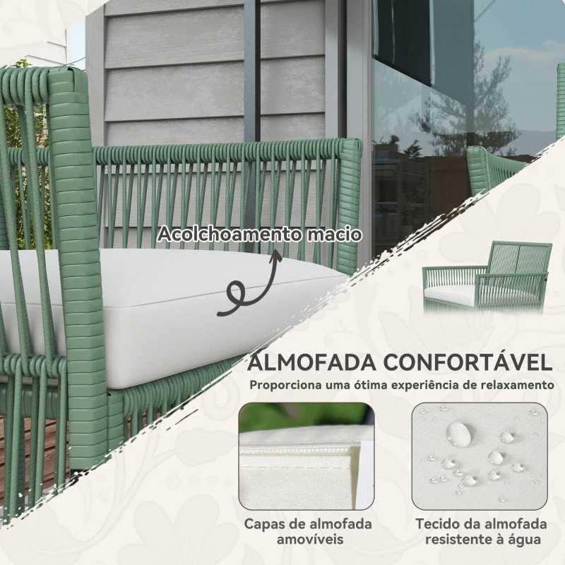 Outsunny Conjunto de Jardim Exterior em Ratan Sintético com 2 Poltronas 1 Sofá de 2 Lugares 1 Mesa de Centro e Almofadas Verde