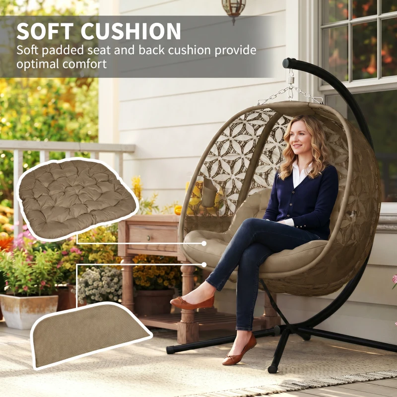 Outsunny Outdoor Double Hanging Chair, Swing Chair with Metal Stand, Thick Padded Cushion, Foldable Basket and Cup Holders, for Indoor and Outdoor, Sand Brown