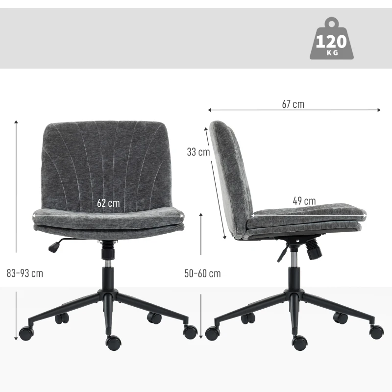 HOMCOM Silla de Oficina con Asiento Ancho sin Reposabrazos Ruedas Altura Ajustable Giratoria Función Basculante Gris