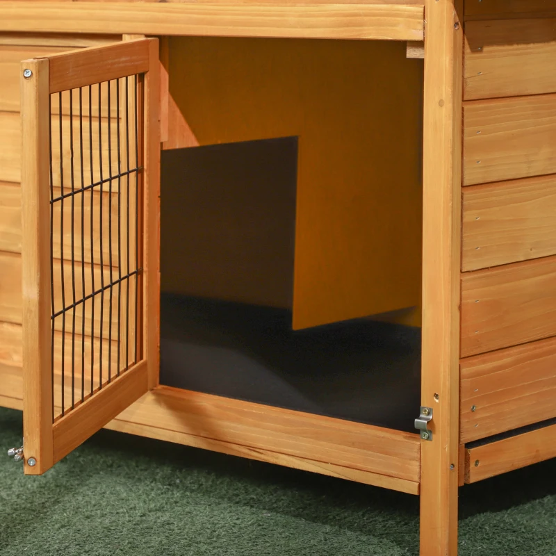PawHut Wooden Rabbit Hutch with Slide-out Tray Guinea Pig Hutch with Openable Lockable Door, Golden Red