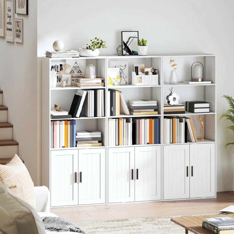 HOMCOM Bibliotecă cu rafturi deschise și dulap cu 2 uși, cu poliță internă reglabilă, 60x30x145.5 cm, alb