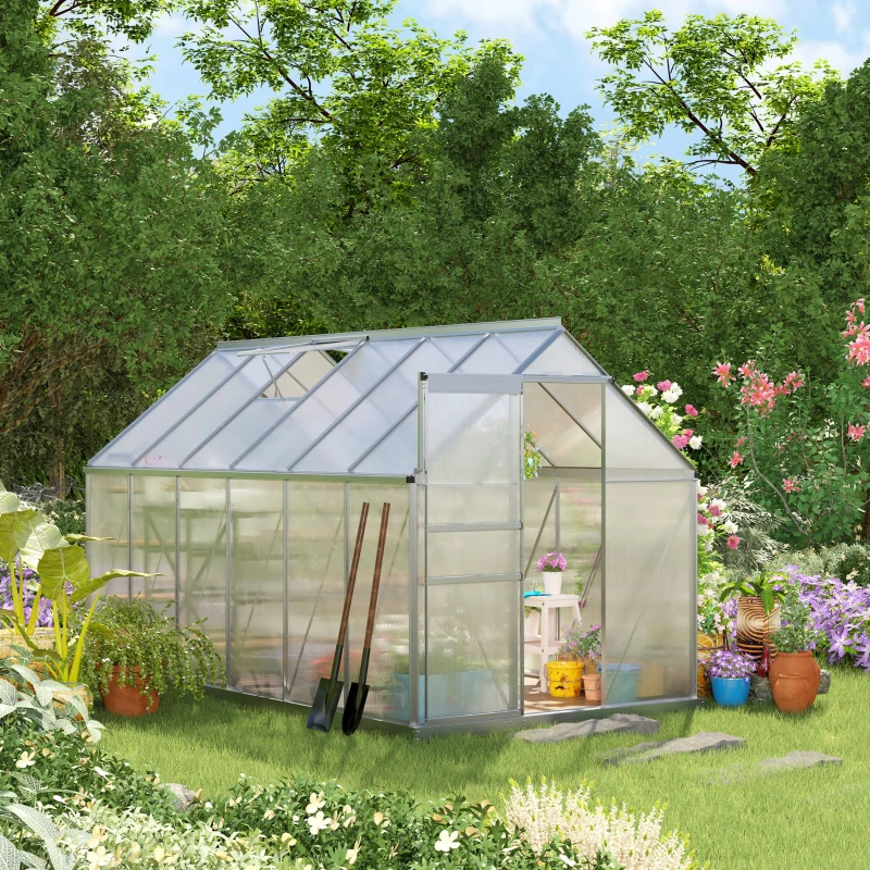 Outsunny Estufa de Jardim de Policarbonato e Alumínio Estufa de Exterior com Porta Corredeira e 2 Clarobóias para Cultivo de Plantas Sementes 190x375x199cm Transparente
