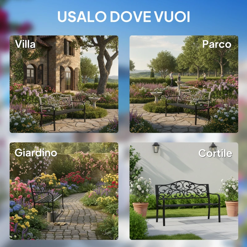 Outsunny Panchina da Giardino 2 Posti con Schienale Decorato in Ghisa e Metallo, 127x60x89cm, Nero