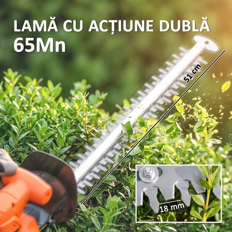 Outsunny Trimmer pentru Gard Viu pe Baterie 18V, Trimmer pentru Grădină cu 2 Baterii de 4Ah, Încărcător, Târnă Telescopică Reglabilă din Aluminiu, Lamă Cu Acțiune Dublă de 51cm pentru Ramuri, Portocaliu