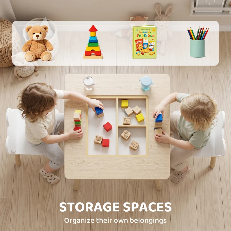 AIYAPLAY 3-Piece Kids Table and Chairs Set with Convertible Desk and Storage Grid, Kids Activity Table for Nursery, Playroom