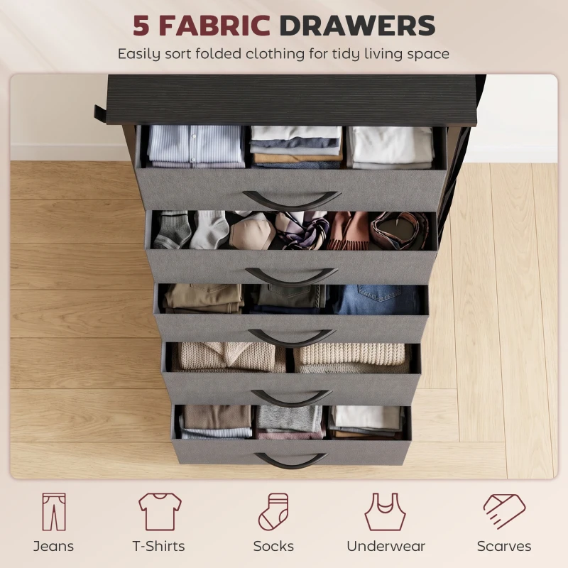 HOMCOM Chest of Drawers, Dresser with 5 Fabric Drawers, Tall Storage Unit with 4 Pockets and 2 Hooks Steel Frame, Charcoal Grey