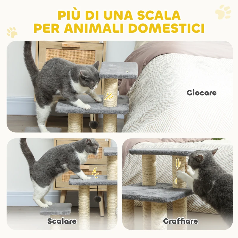 PawHut Scaletta per Cani e Gatti con 3 Scalini in Peluche e Pali Tiragraffi in Sisal, Capacità 10 kg, Grigio