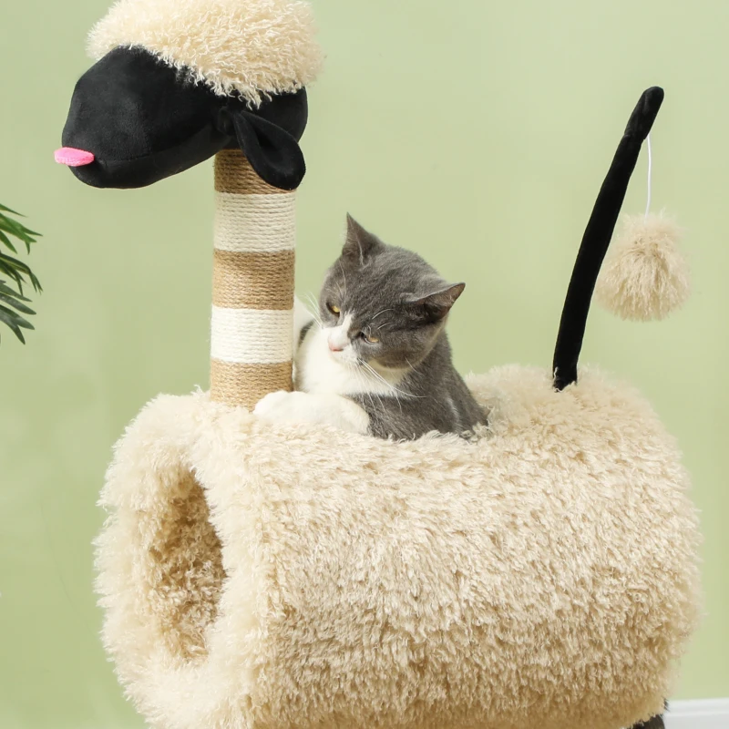 PawHut Cat Tree Sheep Design, 98 cm Multi-Level Cat Tower with Scratching Posts, Tunnel & Play Ball, Light Brown