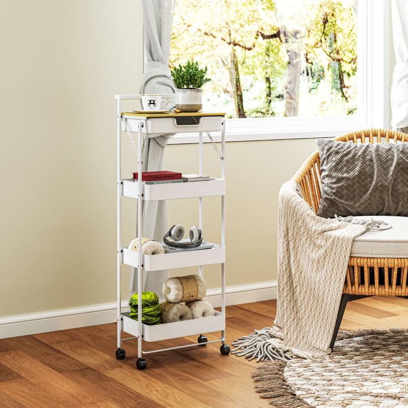 HOMCOM Carrito Auxiliar con Ruedas de 4 Niveles con Cajón Encimera y Cestas de Rejilla para Dormitorio Baño Cocina Blanco