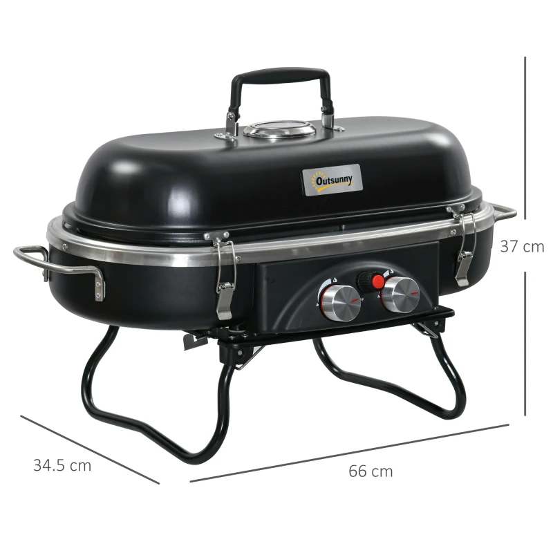 Outsunny Foldable Gas BBQ Grill, 2-Burner Table Top Barbecue with Lid, Piezo Ignition, Thermometer for Camping, Picnic Cooking - Aluminium Alloy