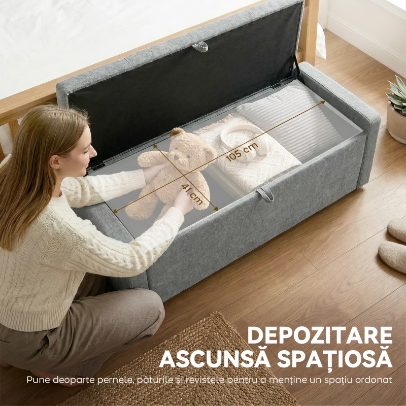 HOMCOM, Bancă cu Spațiu de Depozitare, Pentru Dormitor, Material textil cu efect de in, 122 x 48 x 44 cm, Gri Deschis