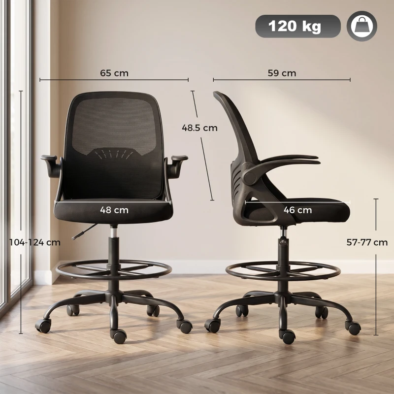 HOMCOM Scaun de Birou Ergonomic din Plasă, cu Suport Lombar și Suport pentru Picioare Reglabil, Cotiere Rabatabile, Negru