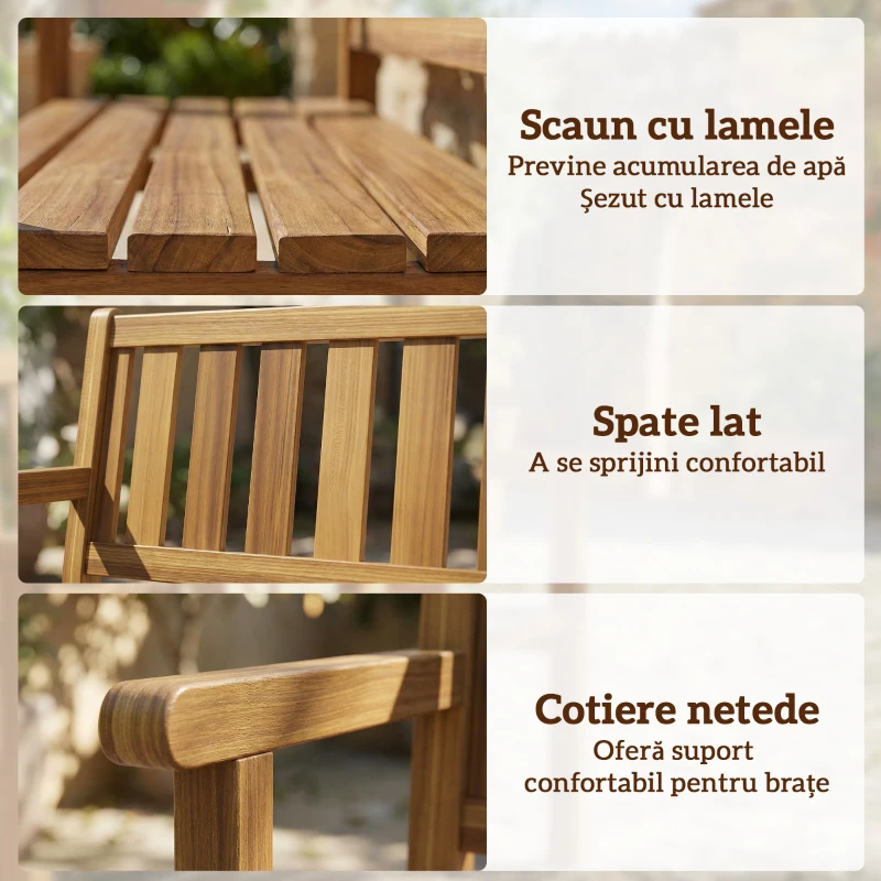 Outsunny Bancă de Grădină pentru 2 Persoane, Bancă de Exterior cu Lamele din Lemn de Molid, Stil Country, Bancă pentru Terasă, Patio și Curte, 150x57x93 cm, Culoare Teak