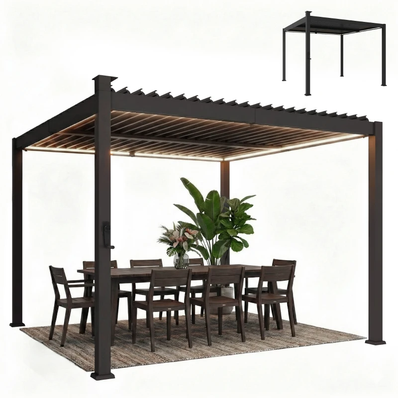 Outsunny 3 x 3 m Louvered Pergola with Solar LED lights, Metal Roof, Patio Gazebo Pergola Canopy with Drainage Gutters, Black