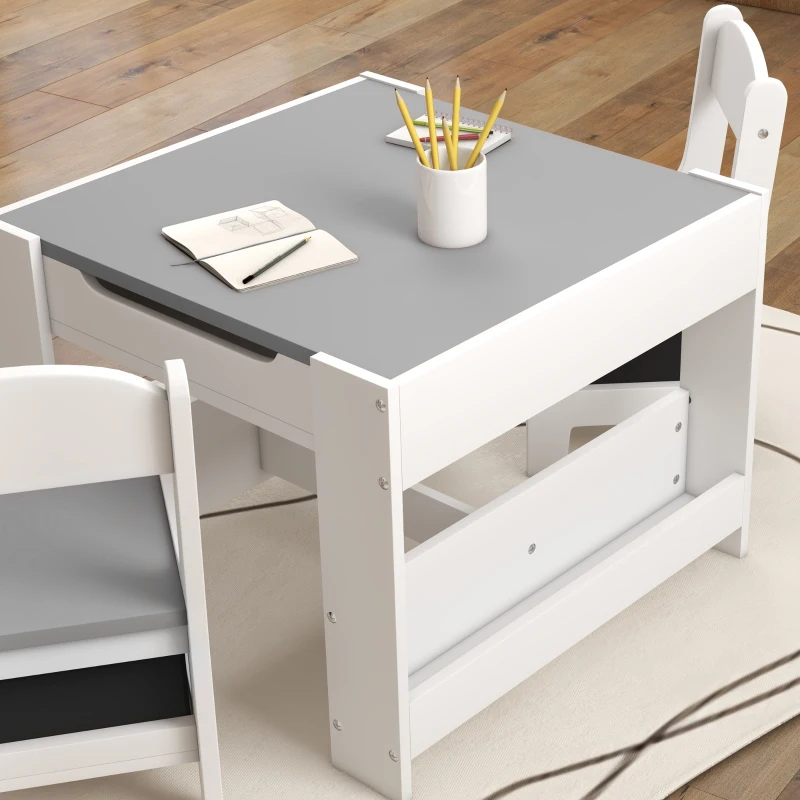HOMCOM Juego de Mesa con Sillas para Niños 3 en 1 con Pizarra Cajones de Tela y Espacio de Almacenamiento Blanco y Gris