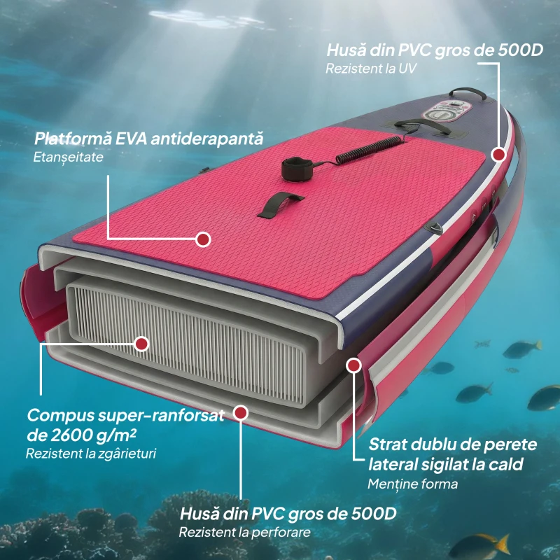 Outsunny SUP gonflabil cu scaun, vâslă și accesorii, din plastic și EVA, 335x82x15 cm, albastru și roz