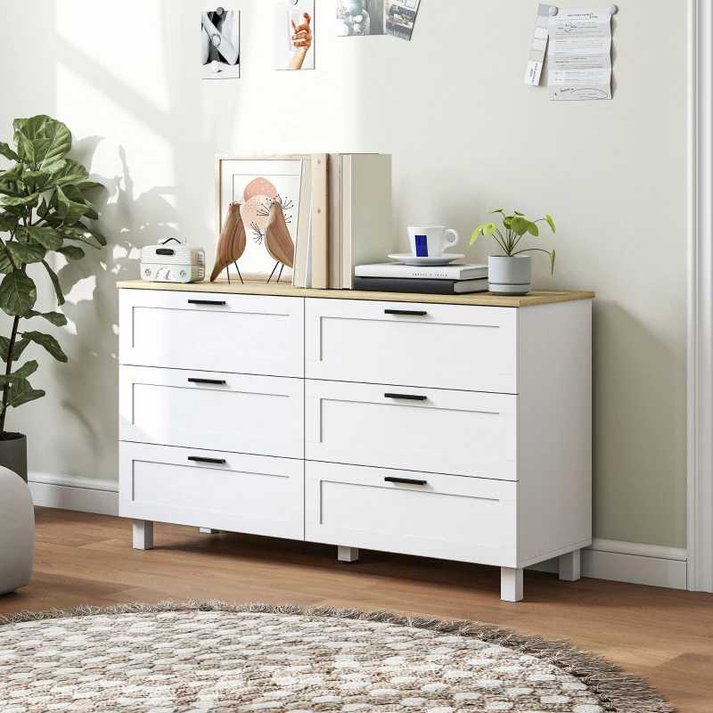 HOMCOM Cómoda Dormitorio con 6 Cajones Patas de Madera para Salón Oficina 120x38x71 cm Blanco