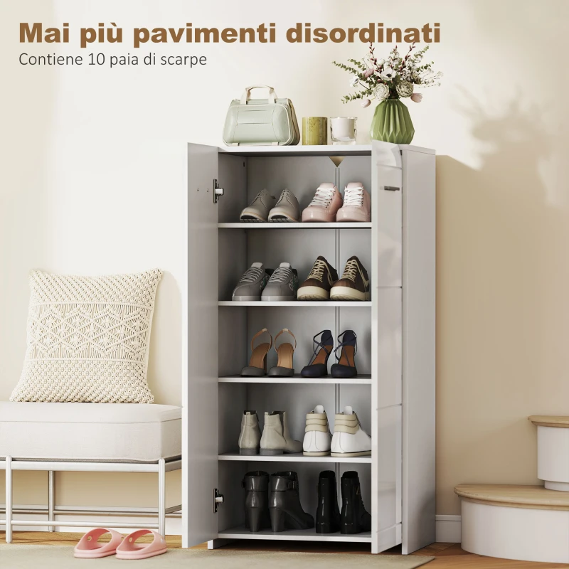 HOMCOM Mobile Scarpiera a 5 Ripiani Regolabili e Rimovibili, in Legno, 55x36x108 cm, Bianco Lucido