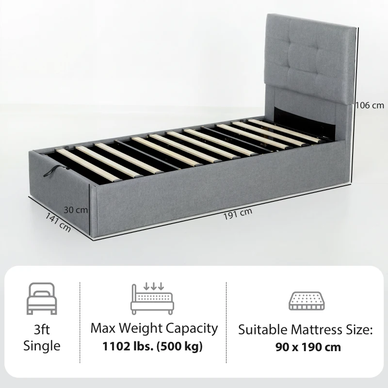 HOMCOM 3ft Single Ottoman Bed with Gas Lift Storage - Grey