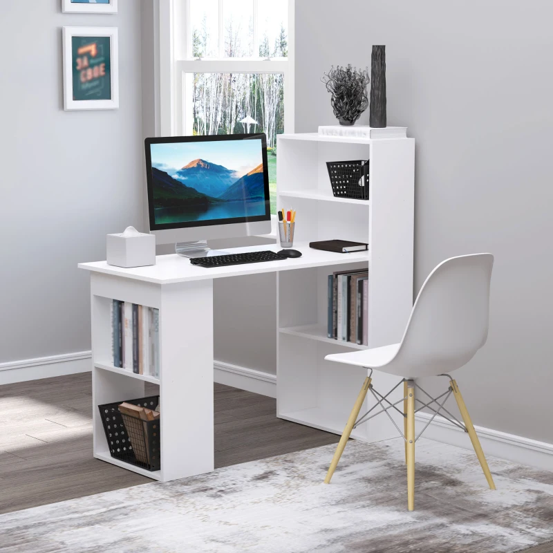 HOMCOM 120cm Computer Desk, Wooden PC Laptop Table with 6-Tier Storage Bookshelves, Home Office Working Study Desk, Writing Workstation, White