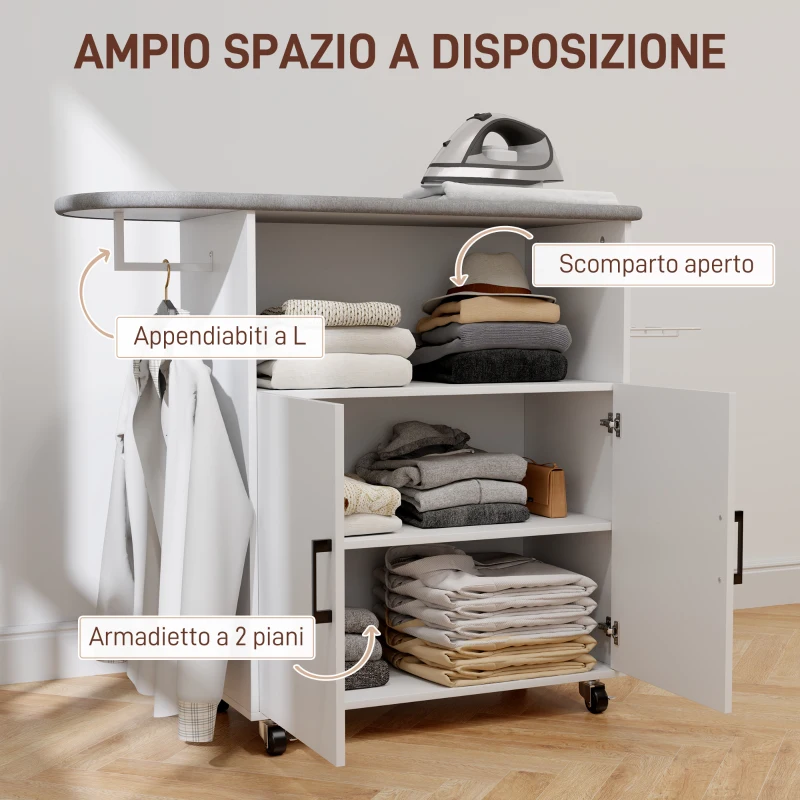 HOMCOM Mobile Asse da Stiro con Armadietto a 2 Ante e Spazio Aperto, 125x43.5x102.5 cm, Bianco