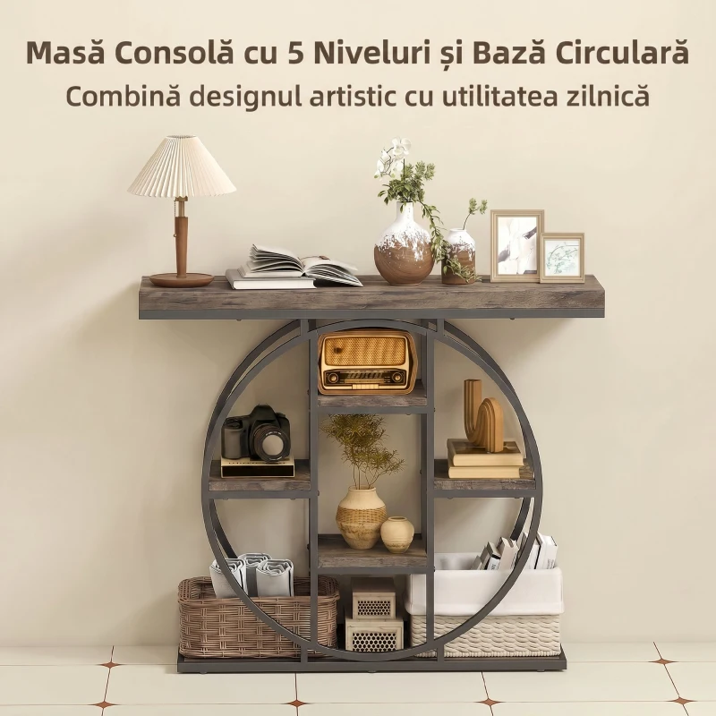 HOMCOM Masă consolă industrială cu rafturi și cadru circular din oțel, 100 x 30 x 81,5 cm, maro rustic
