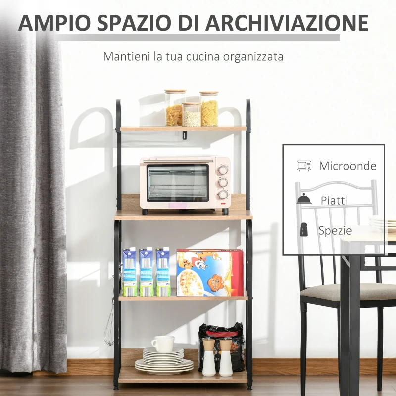 HOMCOM Mobiletto Microonde da Cucina con 4 Ripiani e 4 Ganci, in Acciaio e Legno, 60x40x125 cm, Color Legno