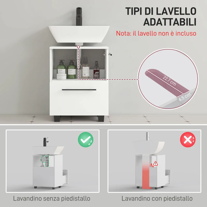 HOMCOM Mobile Sottolavabo Bagno con Cassetto e Armadietto, in Legno, 41.5x35.5x59 cm, Bianco