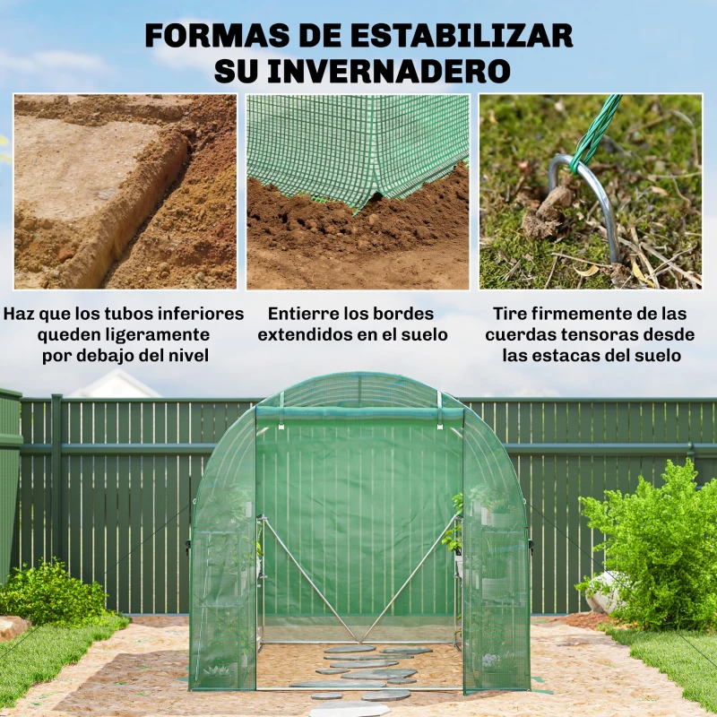 Outsunny Invernadero de Exterior 2,8x2x1,9 m con Estantes Invernadero de Túnel con Puerta Enrollable 6 Ventanas de Malla Verde