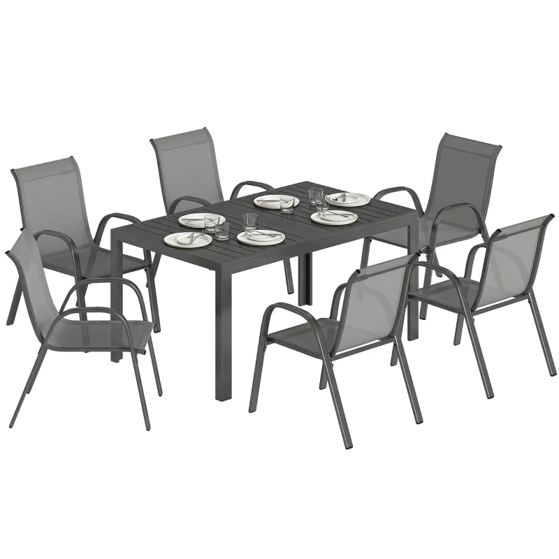 Outsunny Table de jardin extérieure avec 6 chaises empilables, plateau à lattes 150 cm structure en acier anti-rouille gris clair