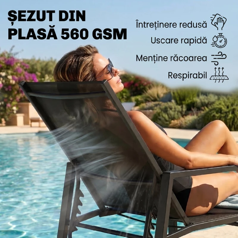 Outsunny Șezlong cu 5 Poziții, 118x58x80 cm, Negru