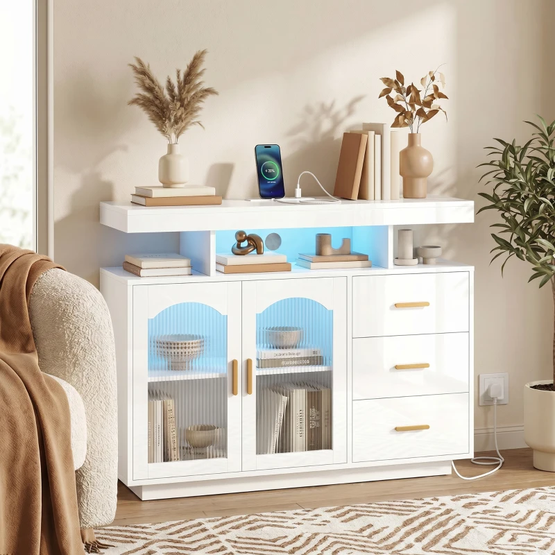 HOMCOM High Gloss Sideboard with LED Lights, Built-in Power Outlets, 3 Drawers, Shelves and 2 Acrylic Doors, White